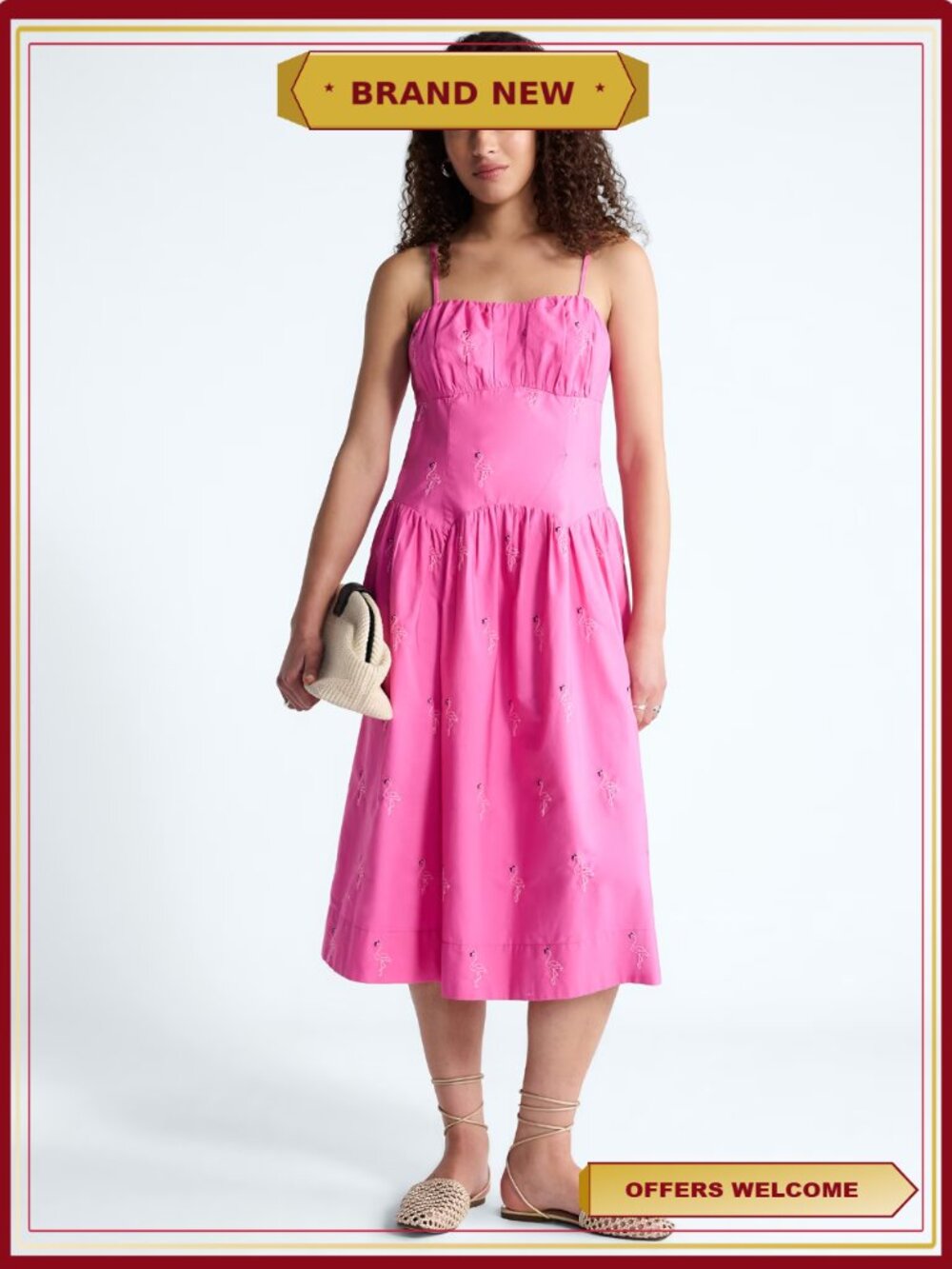 Tie Back Cotton Midi Dress Drop Waist Ruched Embroidered Open Back